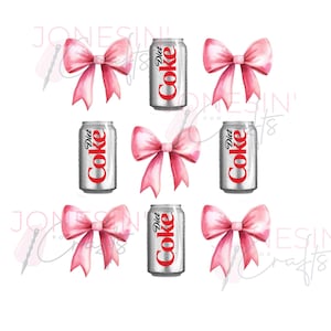 May include: Nine images of silver cans with pink bows. Each can has the words "Diet Coke" printed on it.