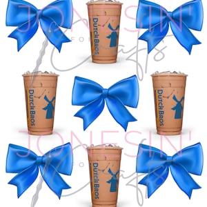 May include: An arrangement of blue satin bows and iced coffee cups. The coffee cups have the Dutch Bros logo and text. The bows are a vibrant blue color and appear to be digitally rendered.
