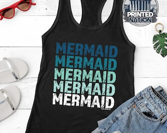 Mermaid Retro Racerback Top, Mermaid Beach Gear, Canottiera donna, Camicia sirena, Spiaggia, Top soleggiato, Abbronzatura, Bikini