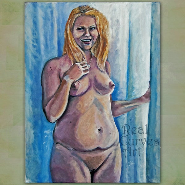 NSFW Nude female cute girl next door pin up sexy erotic art curvy chubby full figure blonde smiling happy ART PRINT 5X7 or 8x10 -"Sunny"