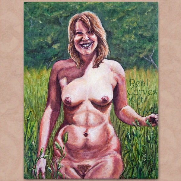NSFW Original nude female full figure curvy sexy erotic cute happy girl next door spring nature pin up acrylic painting 9x12  "Natural Glow"