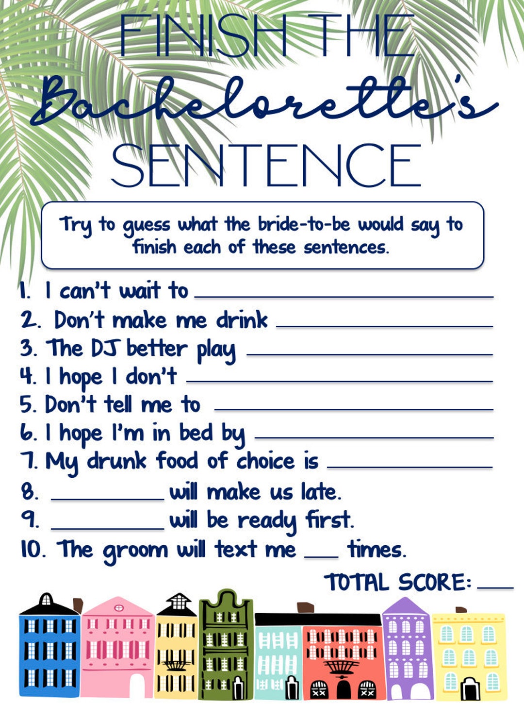Charleston Finish the Bachelorette's Sentence Printable - Etsy