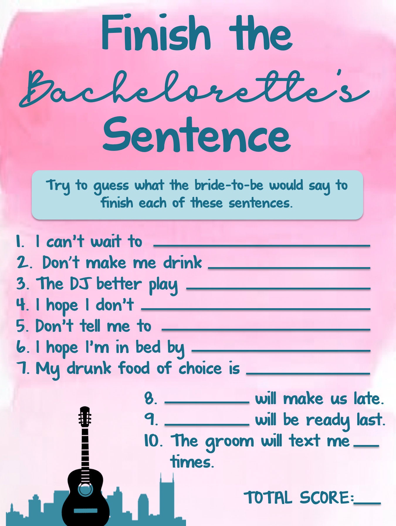 Nashville Finish the Bachelorette's Sentence Printable - Etsy UK