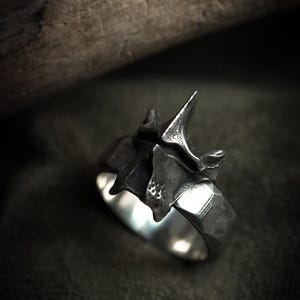 Może przedstawiać: Srebrny pierścionek z detalicznym, fakturowanym wzorem przypominającym hełm. Pierścionek leży na ciemnozielonym tle z tkaniny.