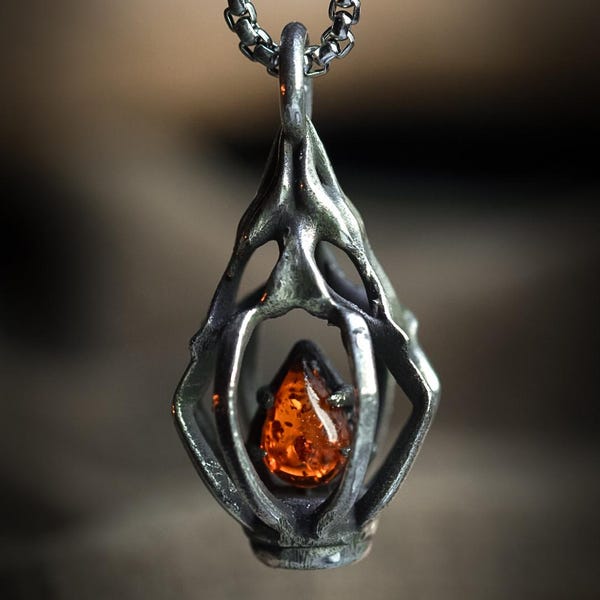 Lantern pendant with amber flame - made of 925 sterling silver