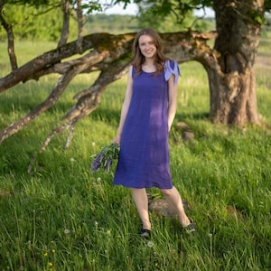 A-lien dress, Flower on sholder, unique dress, Linen midi length  dress, summer dress, bridesmaid dress, Artistic dress, Plus size dress