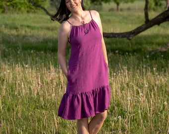 Linen dress with ruffle and pockets, with straps, summer dress, ruffles, bridesmaid dress