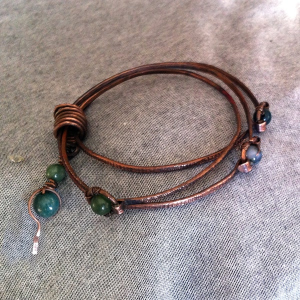 Triple Skinny Copper Bracelet with Ocean Jasper Beads, Сopper Bangels Bracelet Set, Caff Bracelet, Woman Copper Gift.