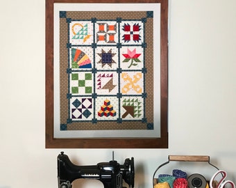 Miniature Quilt Art, Wallhanging, 12 Block Sampler Quilt, gift for mom, 16 inch x 20 inch, Laser-Cut Fabric, handmade