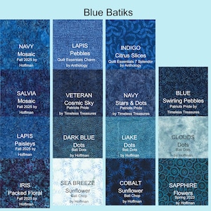 May include: A collection of blue batik fabric swatches labeled Blue Batiks, featuring various patterns including mosaic, pebbles, citrus slices, stars, dots, paisley, floral, and sunflower designs in shades of navy, indigo, cobalt, and light blue.