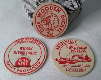 Vintage Wooden Dickle Token & Dairy Milk Bottle Tops - Wilson River Dairy, Pure Fresh Dairy, 7 1/2 cent Wooden Dickle Token + FREE SHIPPING!