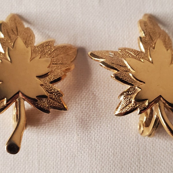 Vintage Monet Gold toned Maple Leaf Clip on Earrings - Marked Monet Pat. Pend., Older Designer Leaf Monet Earrings + FREE SHIPPING!