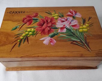 Antique Solid Wood Floral Cannes France Handcrafted Jewelry Box - Beautifully Handcrafted in France with Blue Fabric Lining