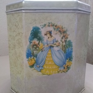 Antique English Biscuit Tin Made by The McTal Box Company LTD. (B.W & M LTD. Branch) Mansfield, Made in England Pretty Victorian Lady Design