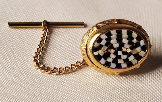 Vintage Checkered White & Black Micro Mosaic Gold… - image 1
