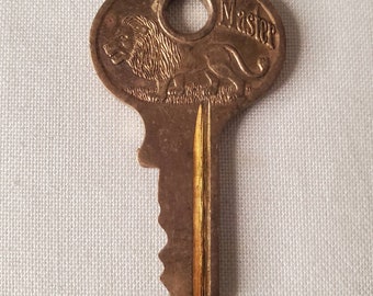 Etched Lion Master Lock #2756 Brass Key - Older Etched Brass Master Lock Replacement Key, Good Usable/Collectible Condition + FREE SHIPPING!