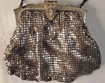 Antique Whiting & Davis Silver toned Mesh Handbag with Rhinestone Clasp - Timeless Art Deco Design, Good Antique Condition + FREE SHIPPING!