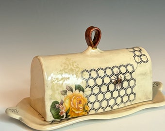 Yellow Rose Bee Butter Dish