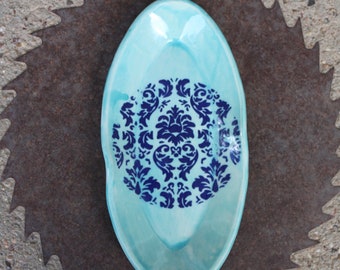 Turquoise Blue Damask Oval Dish, Butter Dish, Catch-all, Relish Dish, Small Serving Dish, Handmade Pottery