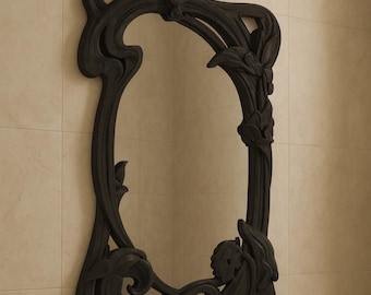 Black Hand-Carved Wooden Mirror with Floral Design – Rustic Wall Decor in Multiple Sizes, Perfect for Home or Gift, Wall Mirror Large
