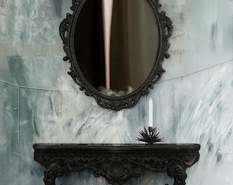 Antique Black Oval Wall Mirror – Large Beveled Hanging Mirror with Wooden Frame for Bathroom, Bedroom, or Living Room Decor, Black mirror