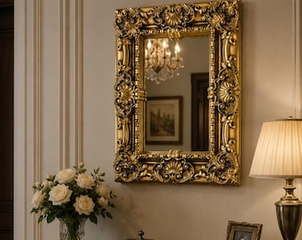 Antique Gold wall mirror, Rustic Charm Meets Timeless Elegance: Large Wood Wall Mirror, Classic Rectangle Ornate Large Gold Wall Mirror