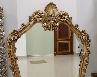Ornate Antique Gold Wall Mirror – Large Decorative Glass Mirror with Wooden Frame for Elegant Home Decor & Gifts