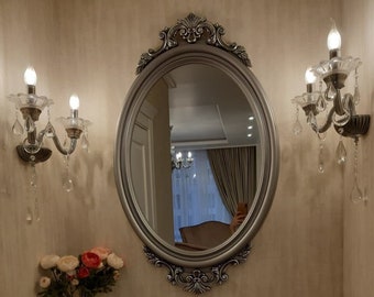 Ozdobne antyczne srebrne lustro ścienne, duże lustro ścienne, owalna dekoracja lustra, prezenty do domu, sztuka ścienna z lustrem, prezent do wnętrza, rama drewniana
