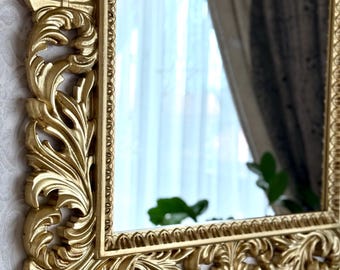 Antique Gold wall mirror, Rustic Charm Meets Timeless Elegance: Large Wood Wall Mirror, Classic Rectangle Ornate Large Gold Wall Mirror