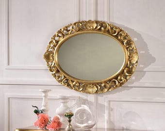 Luxuriöser, dekorativer Wandspiegel mit Blattgoldverzierung, Vintage-Hängespiegel für Schlaf- und Wohnzimmer, klassischer ovaler Spiegelrahmen mit Blattgoldverzierung