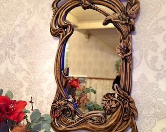 Hand-Carved Wooden Mirror with Floral Design – Rustic Wall Decor in Multiple Sizes, Perfect for Home or Gift, Wall Decor, Wall Mirror Large