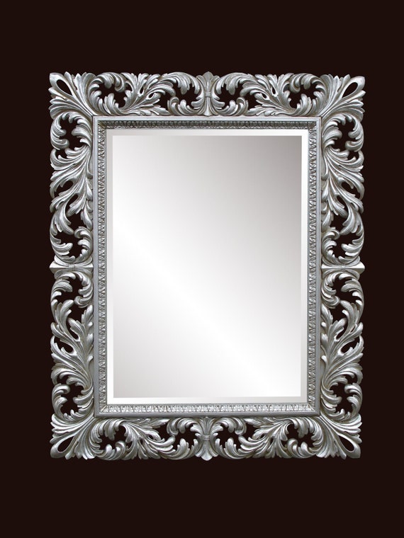 Verzierter antiker silberner Wandspiegel, Wandspiegel groß, Wandspiegel Dekor, Glasspiegel, Wohnspiegel, Spiegelwand, Innengeschenk, Holzrahmen