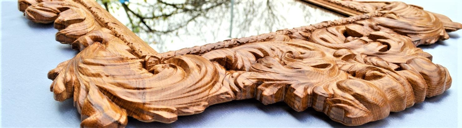 木製ダイヤモンド型壁掛け鏡　ミラー 彫刻作品　厚みのある彫刻がとても重厚 木製ダイヤモンド型壁掛け鏡ミラー 彫刻作品厚みのある彫刻が