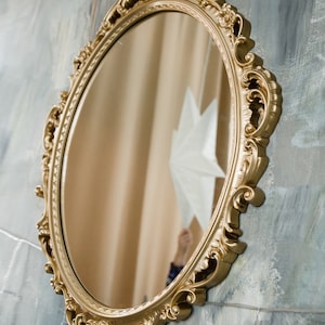 Antique Wood Gold Mirror, Large Wall mirror, Oval Antique Gold, Wall Mirror, Oval Hanging Wall Mirror, Beveled, Decorative Bathroom, Bedroom image 2