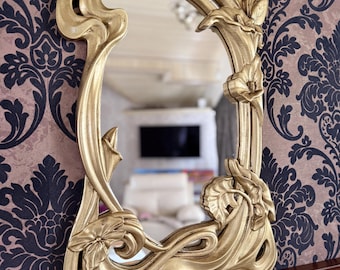 Black Hand-Carved Wooden Mirror with Floral Design – Rustic Wall Decor in Multiple Sizes, Perfect for Home or Gift, Wall Mirror Large