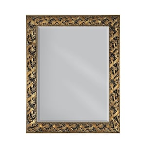 May include: Rectangular mirror with a decorative gold-colored frame. The frame features a detailed leaf and vine design with black accents. The mirror's reflective surface is clear, and the overall aesthetic is ornate and elegant.
