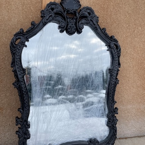 Ornate Antique Black Wall Mirror – Large Glass Mirror with Wooden Frame for Home Decor and Interior Art