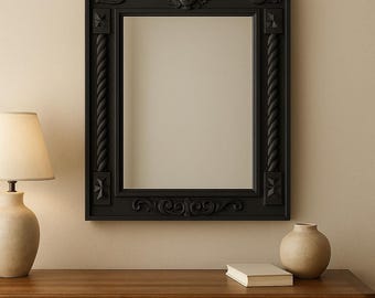 Angel Mirror Black Wood Ornate Mirror Frame, Artisan Carved Wooden Mirror, Victorian Style Mirror in Black frame, Baroque Hand-Carved Mirror