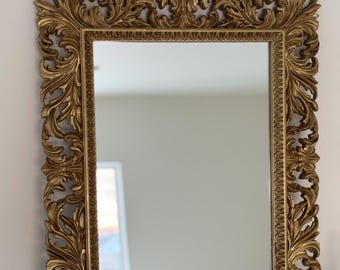 Antique Gold wall mirror, Rustic Charm Meets Timeless Elegance: Large Wood Wall Mirror, Rectangle Ornate Large Gold Wall Mirror with flowers