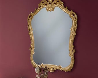 Ornate Antique Gold Wall Mirror – Large Decorative Glass Mirror with Wooden Frame for Elegant Home Decor & Gifts