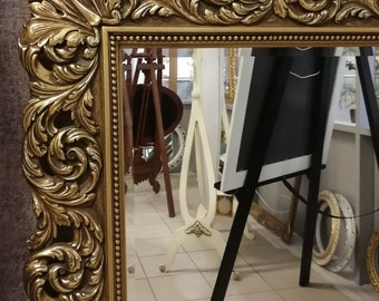 Antique Gold wall mirror, Rustic Charm Meets Timeless Elegance: Large Wood Wall Mirror, Rectangle Ornate Large Gold Wall Mirror with flowers