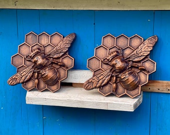 Wooden Bee Sitting on Honeycomb Sculpture - A Charming and Nature-Inspired Home Decor Piece