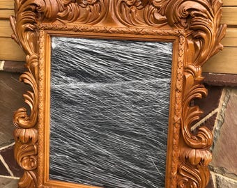 Solid Wood Ornate Mirror Frame, Artisan Carved Wooden Mirror, Victorian Style Mirror in Warm Walnut, Baroque Hand-Carved Mirror