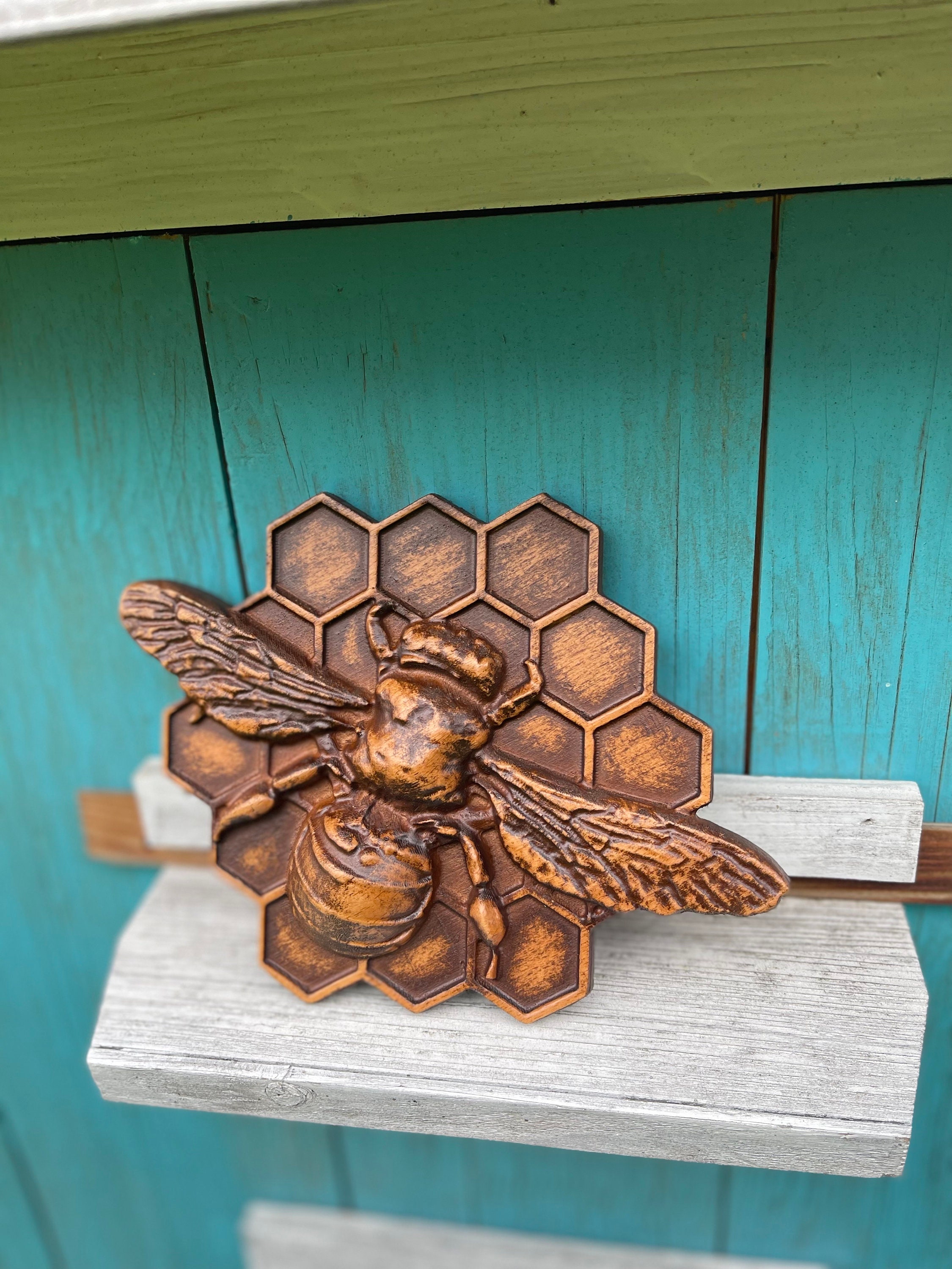 Wooden Bee Sitting on Honeycomb Sculpture - A Charming and Nature Wooden Bee Sitting on Honeycomb Sculpture - A Charming and Nature