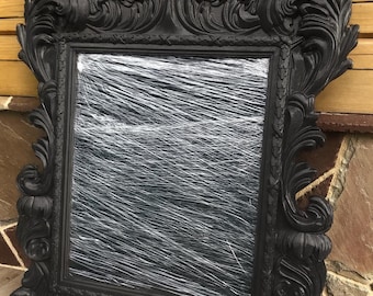 Solid Black Wood Ornate Mirror Frame, Artisan Carved Wooden Mirror, Victorian Style Mirror in Black frame, Baroque Hand-Carved Mirror