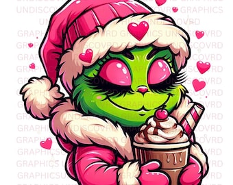 Girly Grinch Valentine PNG Bundle, Cocoa, Heart (Digital Download)