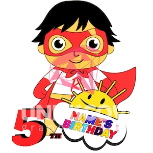 May include: A cartoon illustration of a superhero boy with a red mask, cape, and gloves. The image includes a yellow sun with a smiling face and the text "NAME'S BIRTHDAY" in a speech bubble. The number "5th" is also displayed.