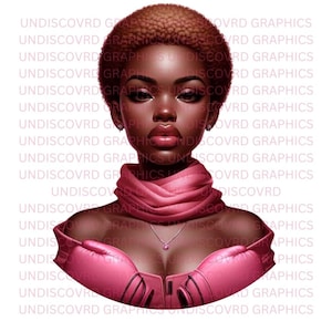 May include: A digital illustration of a woman with dark skin wearing pink boxing gloves and a pink scarf. She has a gold necklace with a small pink gem pendant.