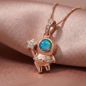 Astronaut Necklace Opal, Australian Opal Space Pendant 925 Sterling Silver, Celestial Jewelry Rose Gold, Cute Unique Gift for Space Lover
