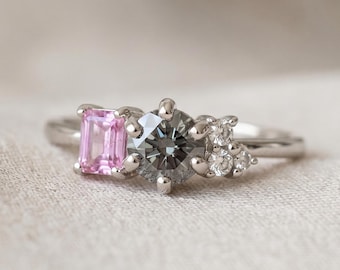 Asymmetric Grey Moissanite Cluster Ring, Emerald Cut Pink Sapphire Ring 925 Sterling Silver, Delicate Rose Gold Engagement Ring Gift